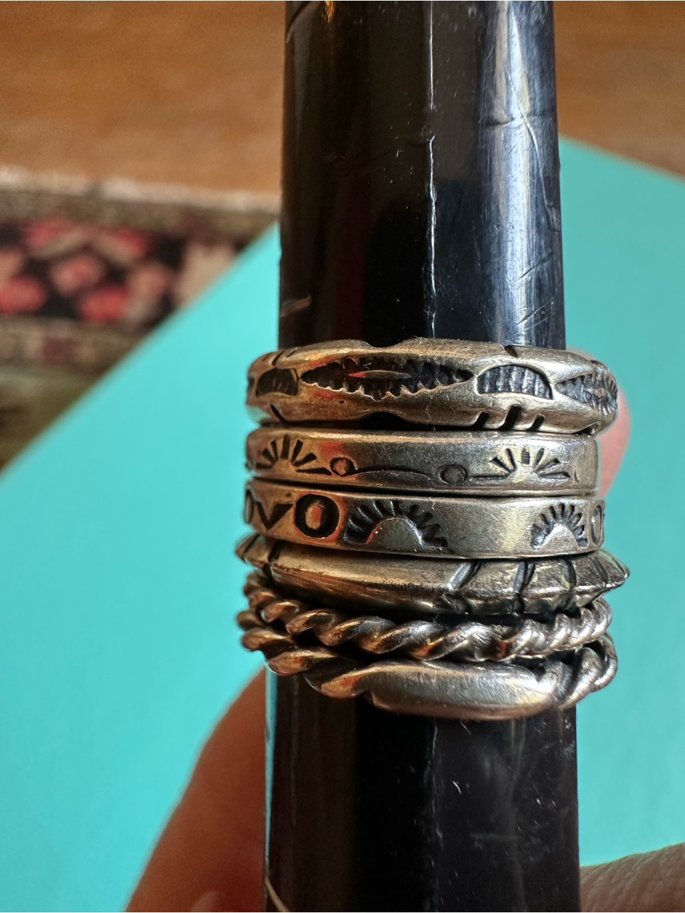 Vintage 6 Stackable Native American Design Sterling Rings - Picture 8 of 11